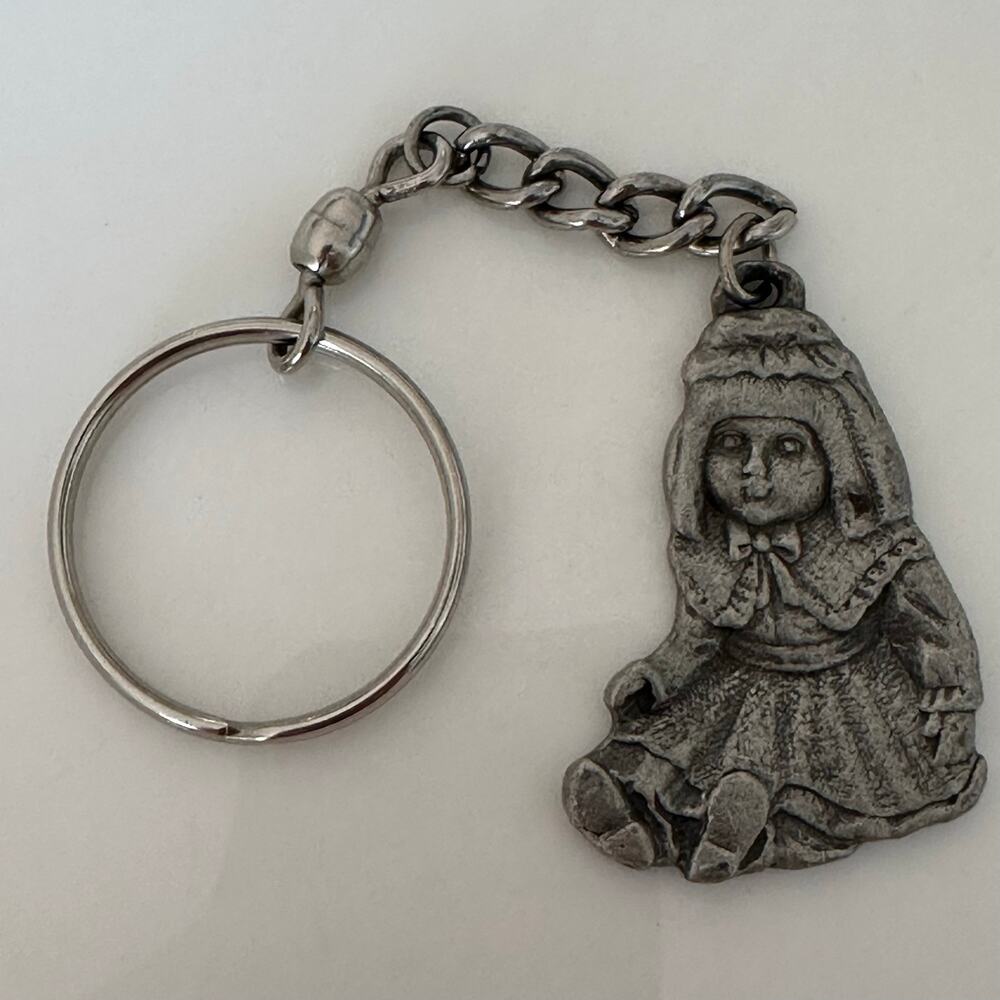 Vintage 1983 Rawcliffe Pewter I Love Dolls Keychain Charm Sitting Doll Figurine